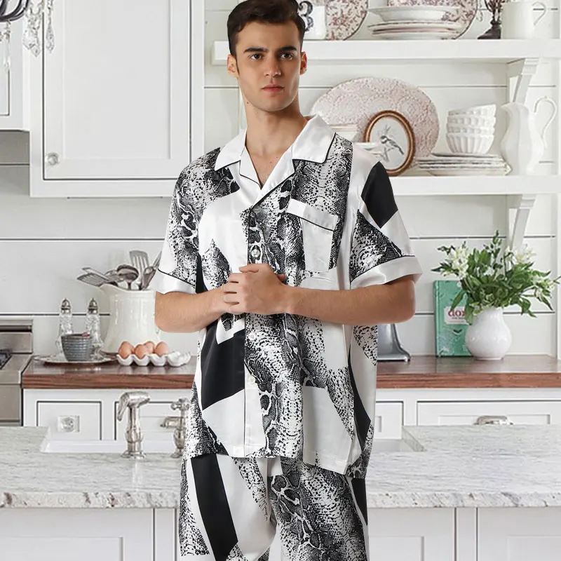 Men's Satin Pajamas Set Short Sleeve Snakeskin Print Satin Shirt and Long Pants Pajama Set Satin Pyjamas Men's Sleepwear