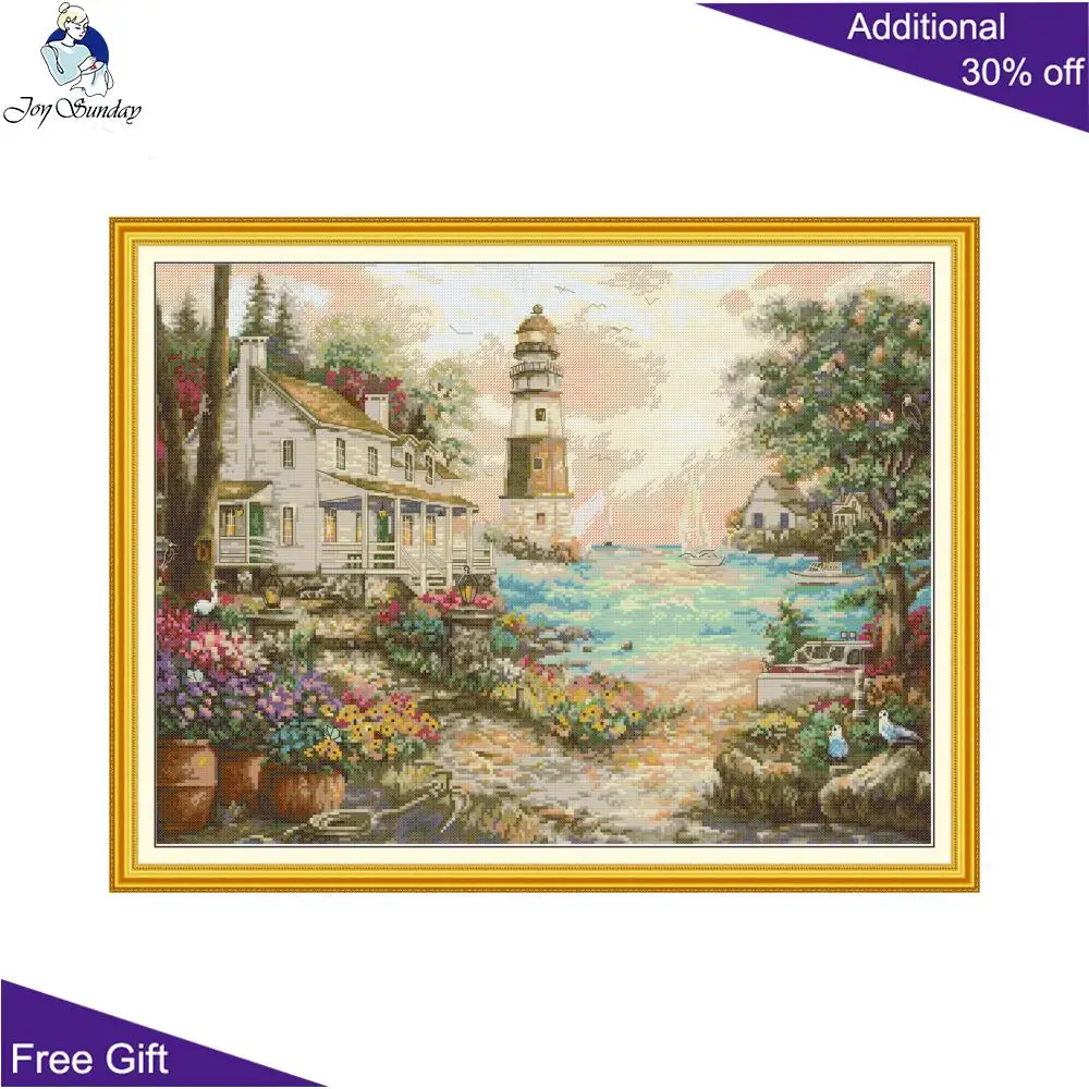 

Joy Sunday Cottage By The Sea Riverside printed canvas FA404 Lighthouse Seaside Villa Pigeon Sailboat Flowers Cross Stitch kit