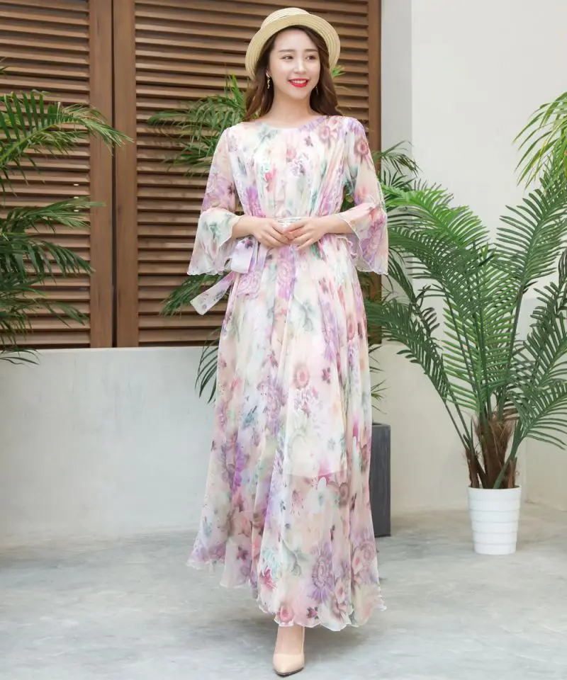 

Женское Шифоновое Платье макси с цветочным принтом, приталенное платье с рукавом-трубой и юбкой-годе, платье Гаваи из Бангкока, женское пляж...