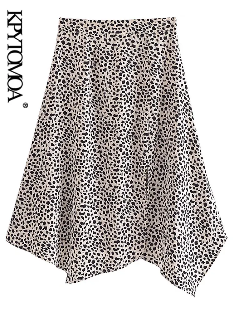 

KPYTOMOA Women Fashion Front Slit Leopard Print Asymmetric Midi Skirt Vintage High Waist Back Zipper Female Skirts Mujer