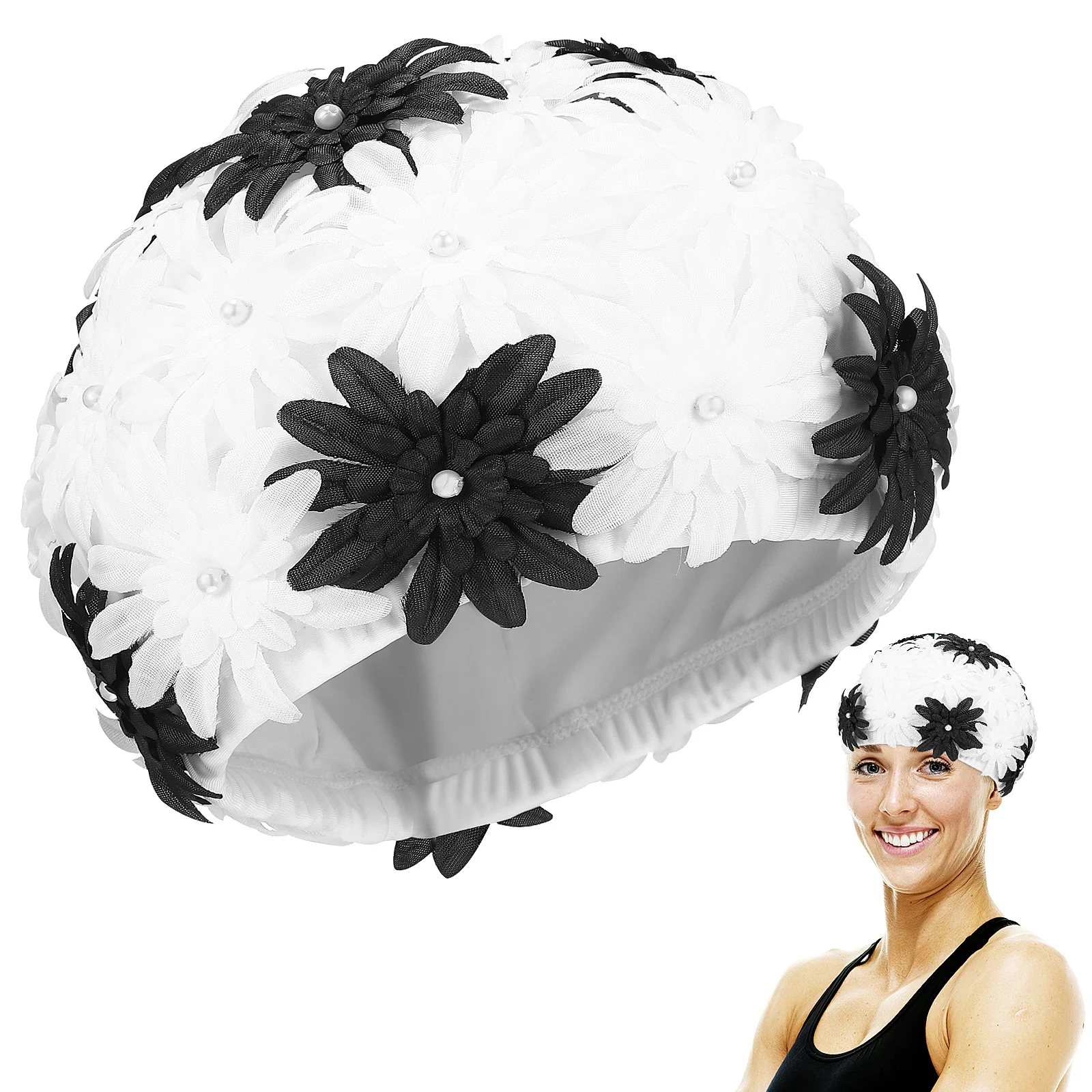 

Women Swimming Cap Hollow Pearl Flower Swimming Hat Hand Stitched Swim Cap for Water Sports