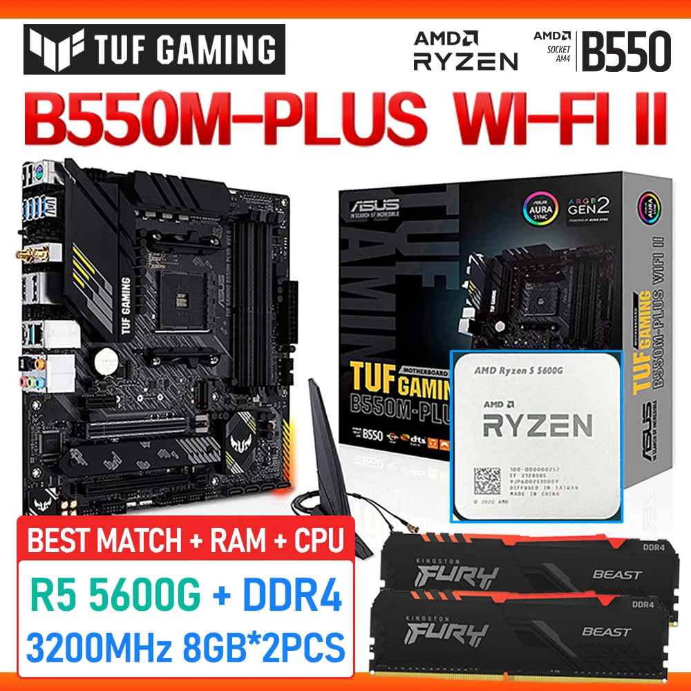 

RYZEN 5 5600G Combo Suit ASUS TUF GAMING B550M PLUS WI-FI II AM4 Motherboard Kit Ryzen CPU B550 With DDR4 16GB kingston RGB Rams