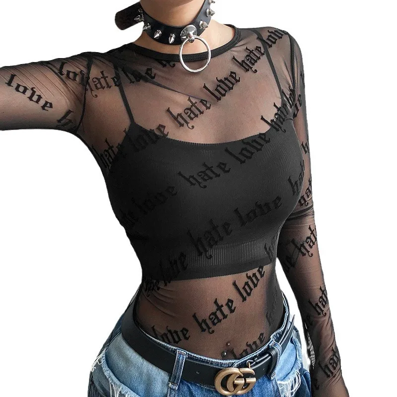 Женская футболка с персонализированным принтом букв сексуальная сетчатая ткань