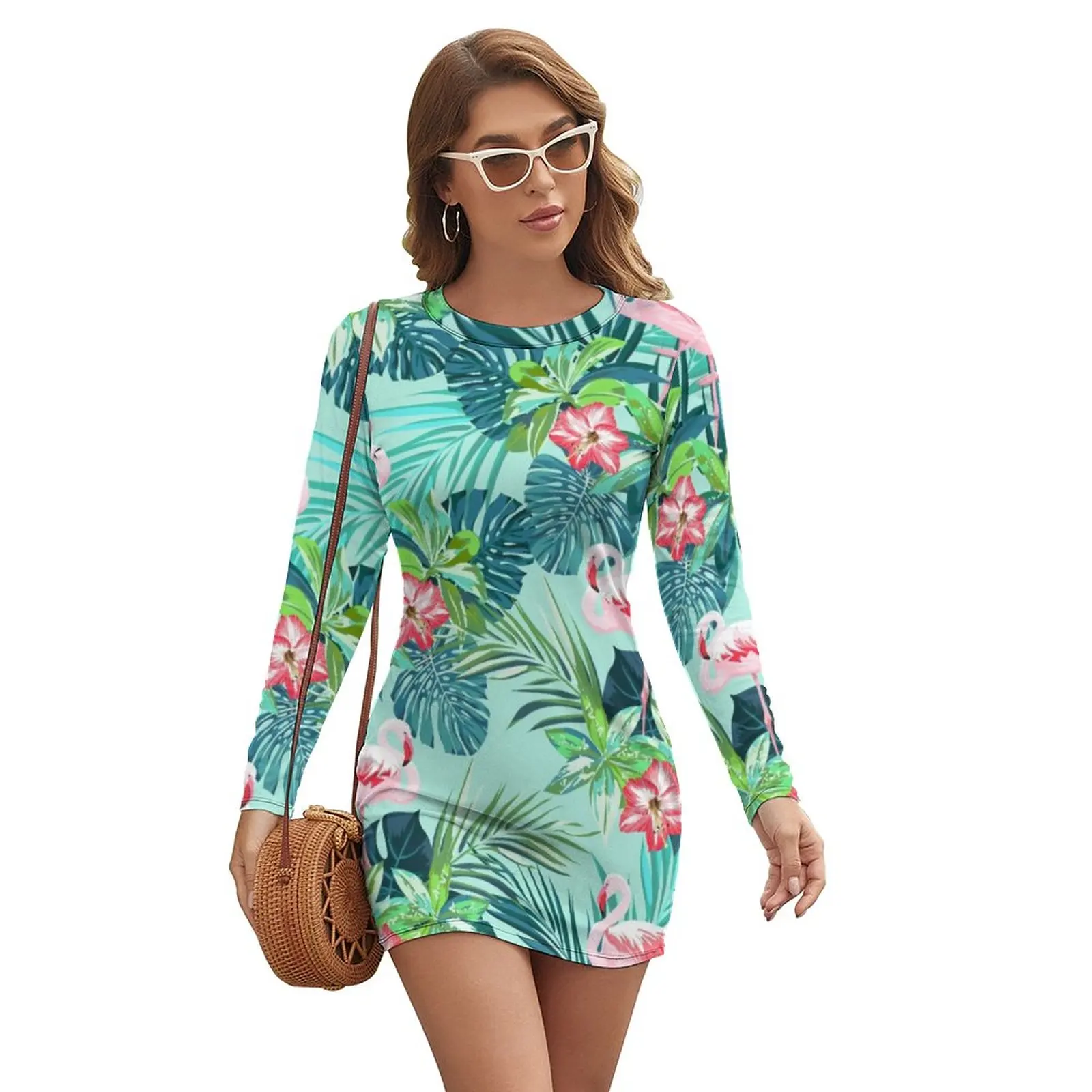 

Flamingo Flower Print Dress Women Bright Green Leaf Street Fashion Bodycon Dress Holiday Long Sleeve Vintage Oversized Dresses