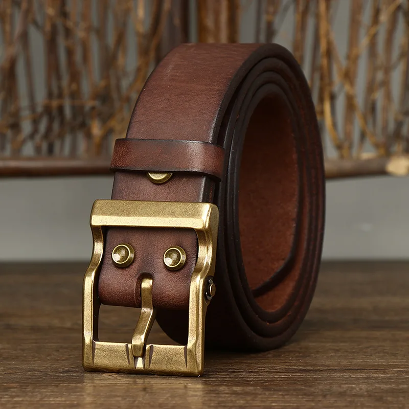 3.8cm High Quality Genuine Leather Belt Men's Retro Thickened First Layer Cowhide Brass Buckle Jeans Luxury Waistband Male Strap