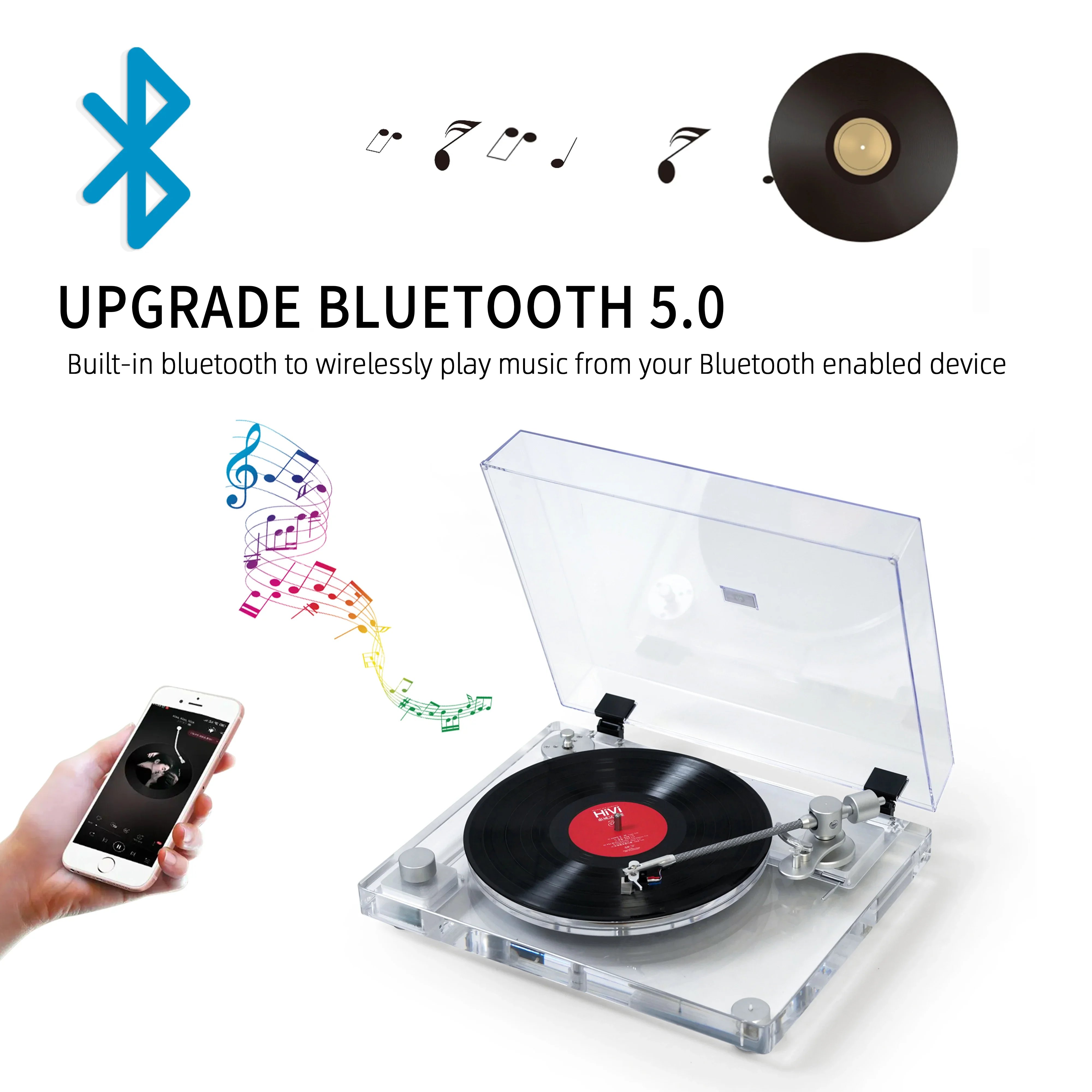 Фото Стерео Hi-Fi звук деревянный портативный чемодан беспроводной Blue Tooth Aux Usb FM радио ретро Lp виниловый проигрыватель пластинок №3