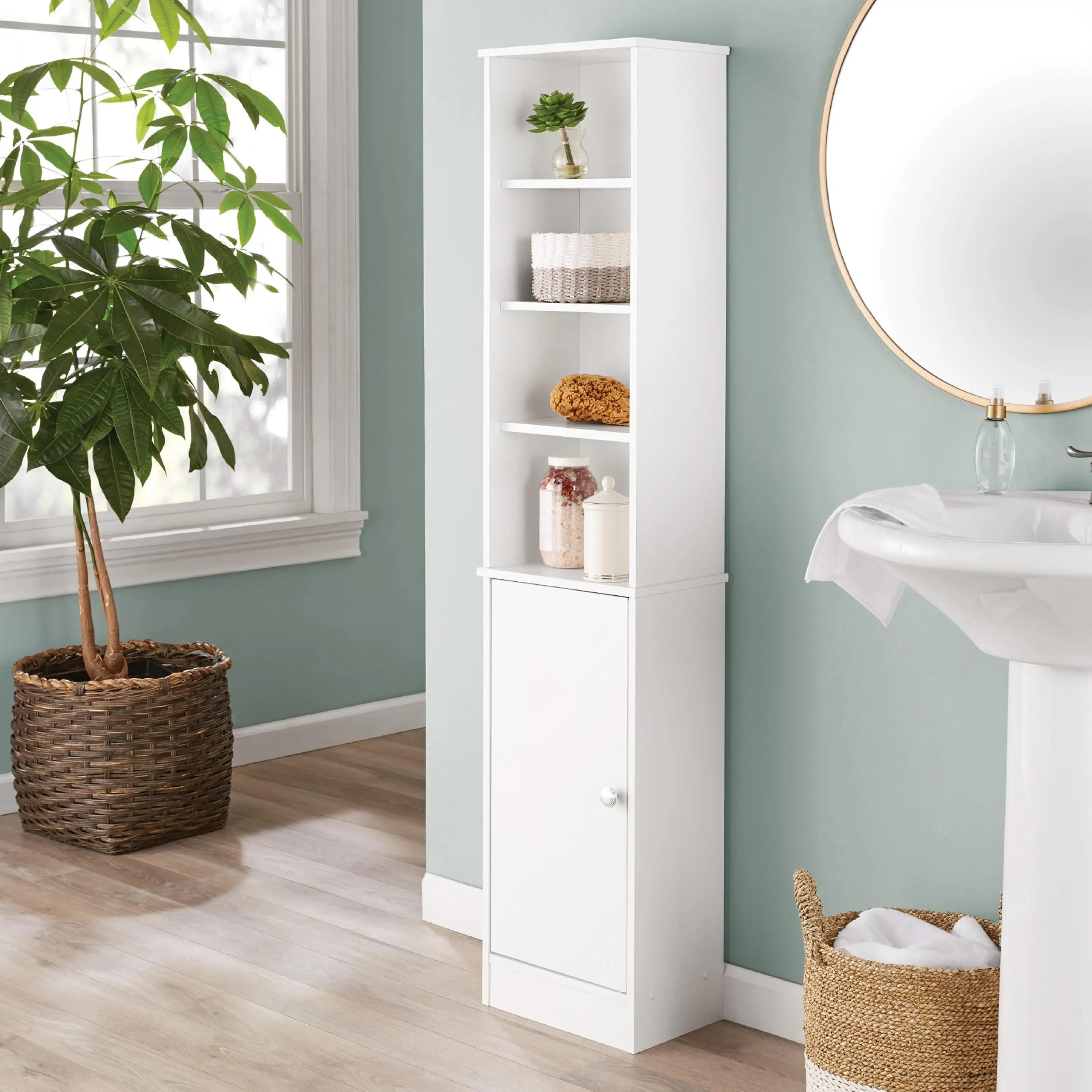 

White Bathroom Storage Linen Tower with Open and Concealed Shelves, Mainstays
