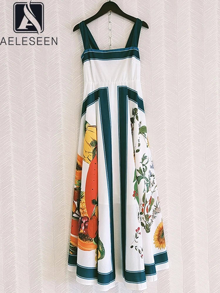 

AELESEEN Fashion Runway 2022 Summer Dress Women Fruit Printed Sunflower Spaghetti Strap Long Party Vacation Casual Holiday