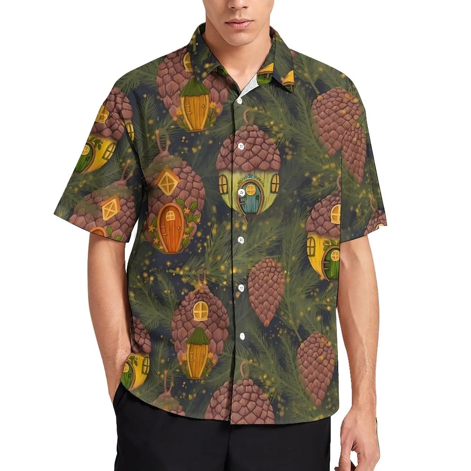 

Pine Cones Village Casual Shirts Cartoon Print Beach Shirt Hawaiian Harajuku Blouses Man Print Large Size