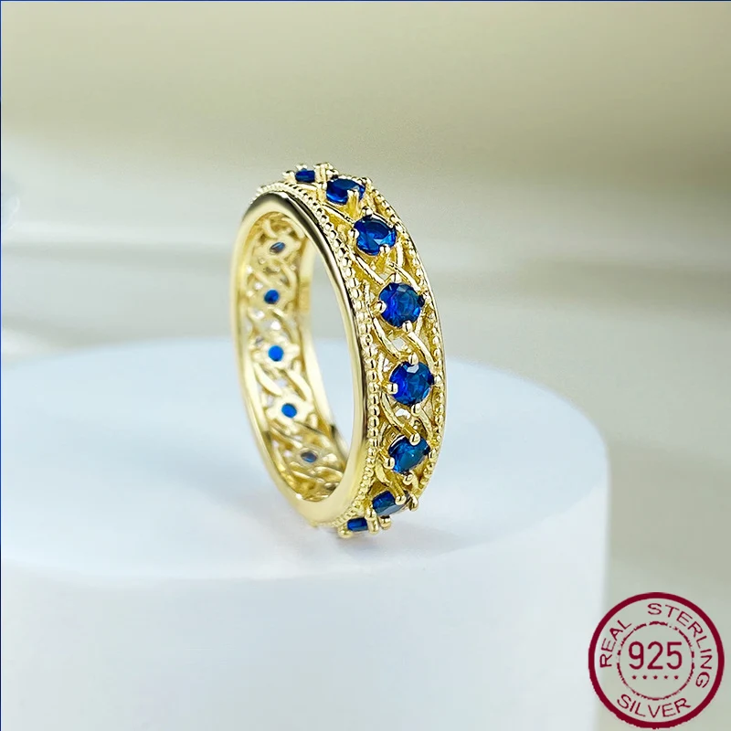 

2023 New S925 Silver Plated Blue Spinel Wide Edition Cross border European and American Ins Style Band Ring