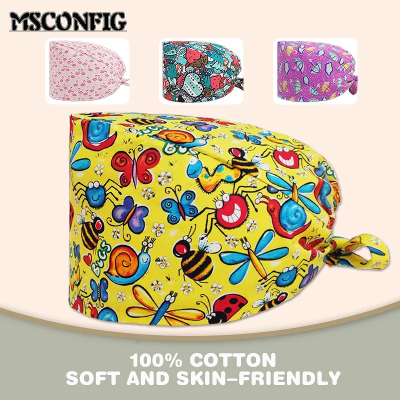 

Cute Cartoon Animal Print Nurse Cap Dentist Surgery Cap Adjustable Veterinarian Pet Shop Beauty Salon Work Cotton Scrub Cap