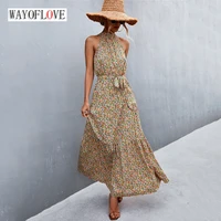 wayoflove woman summer holiday sexy neck mounted long dress beach casual party bandage folds vestidos elegant floral print dress