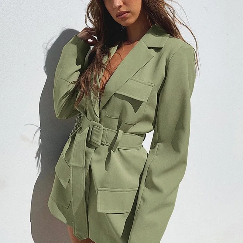 

Women Green Sash Elegant Blazers Mid Length Double Breasted Suits Office Lady 2023 New Spring Autumn Fashion Blazer Solid Colors