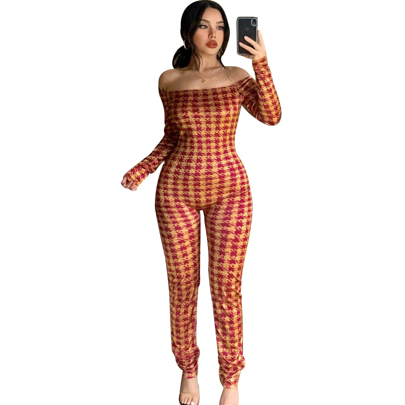 

Fashion Print Korean Women Clothes Long Sleeve Slash Neck Sexy Slim Fit Jumpsuit Romper One Piece Club Outfits Streetwear