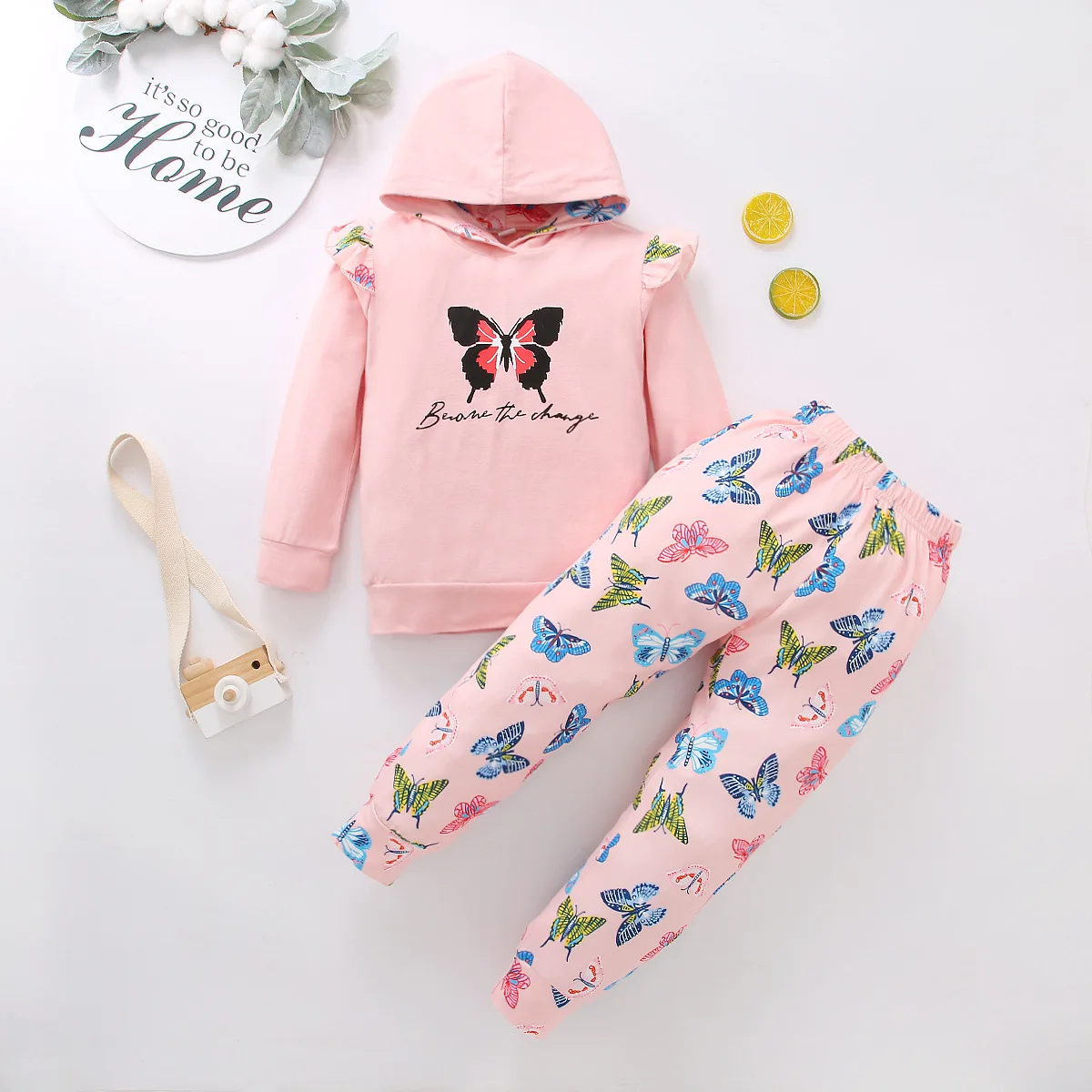 

Spring and Autumn Children's Pants Suit 2022 New Girls Pullover Butterfly Print Hooded Cotton Pink Women's Children's Set