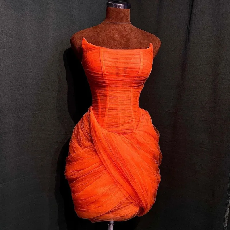 Strapless Orange Tulle Mini Length Bodycon Dress See Through Woman Clothes Custom Made Party Dresses Pretty Wedding Party Gown