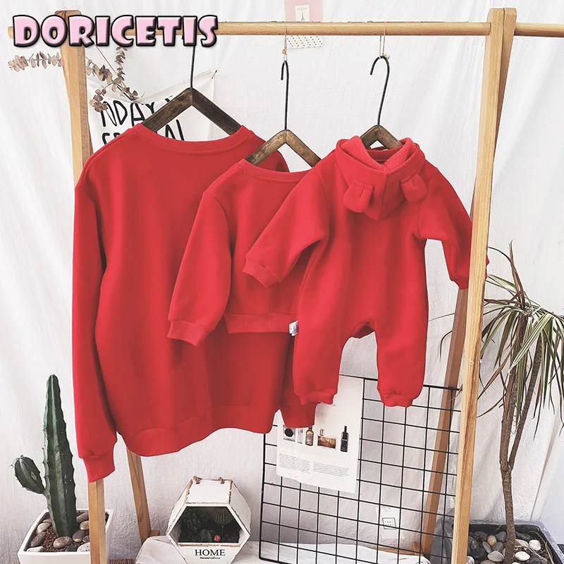 

Parent Child Wear Cotton Solid Color Cute Bear Sweater Triangle Jumpsuit Family Spring Autumn Go Out Travel Take Photo Clothes