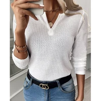 2022 autumn long sleeve women top waffle v neck solid white female tops new fashion casual ladies clothing
