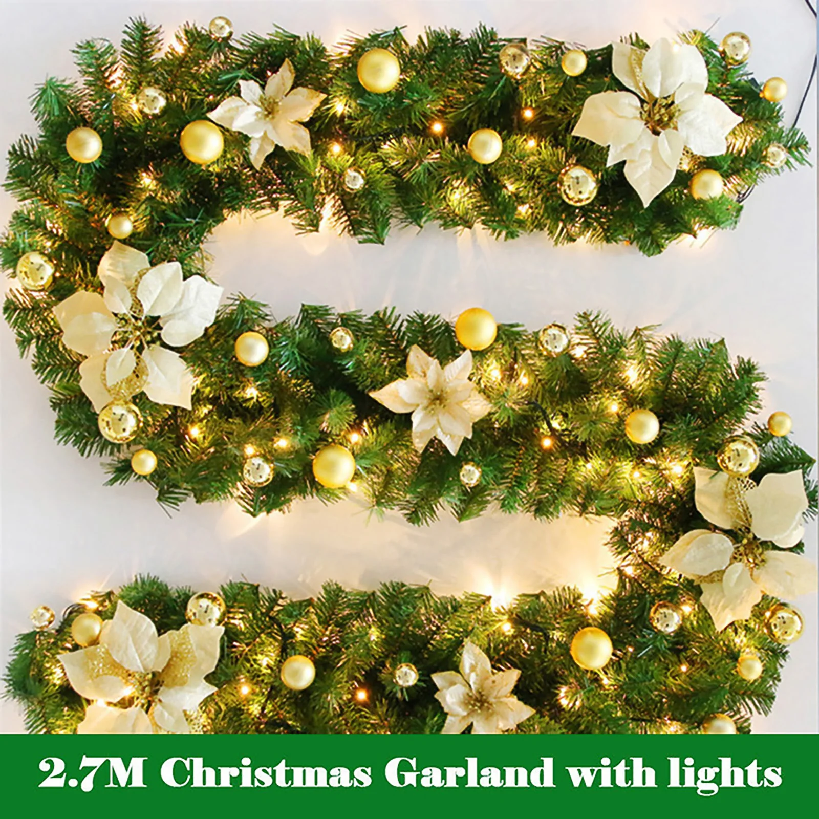 

2.7M Christmas Rattan Garland With LED Light String PVC Flower Strip Ornament Decorative Xmas Door Wreath Tree Home Decoration