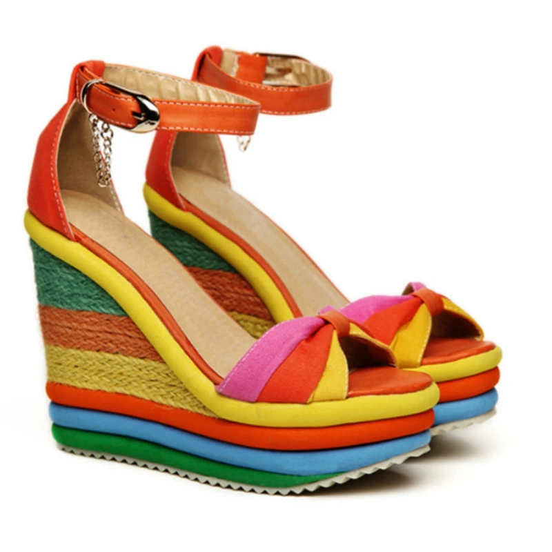 

yaz sandalet kadın kadın bayanlar takozlar yüksek renkli Patchwork sandalet Peep Toe roma ayakkabı sandalet yüksek topuklu