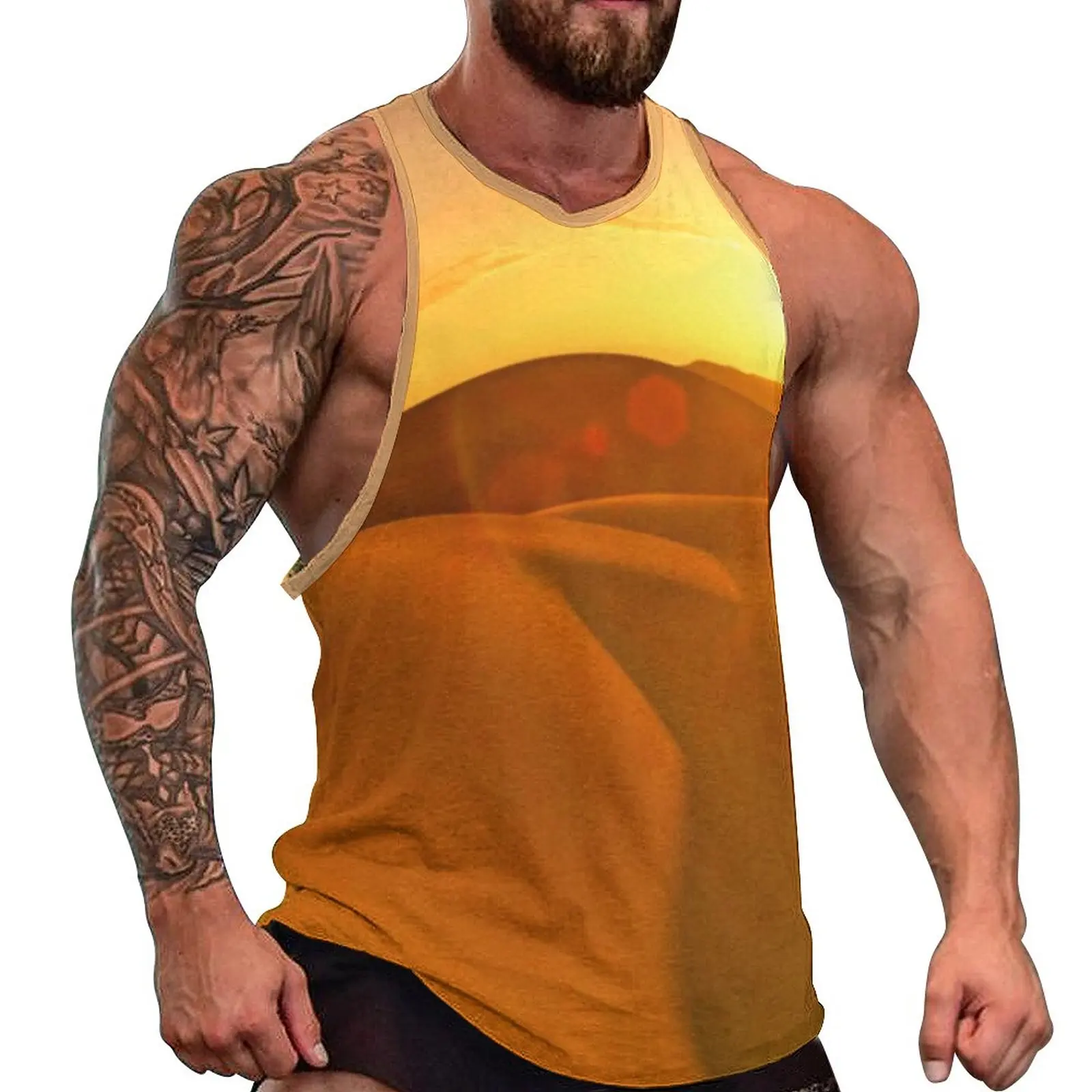 

Gold Desert Tank Top Male Sand Dune Sunset Bodybuilding Oversized Tops Summer Sportswear Pattern Sleeveless Vests