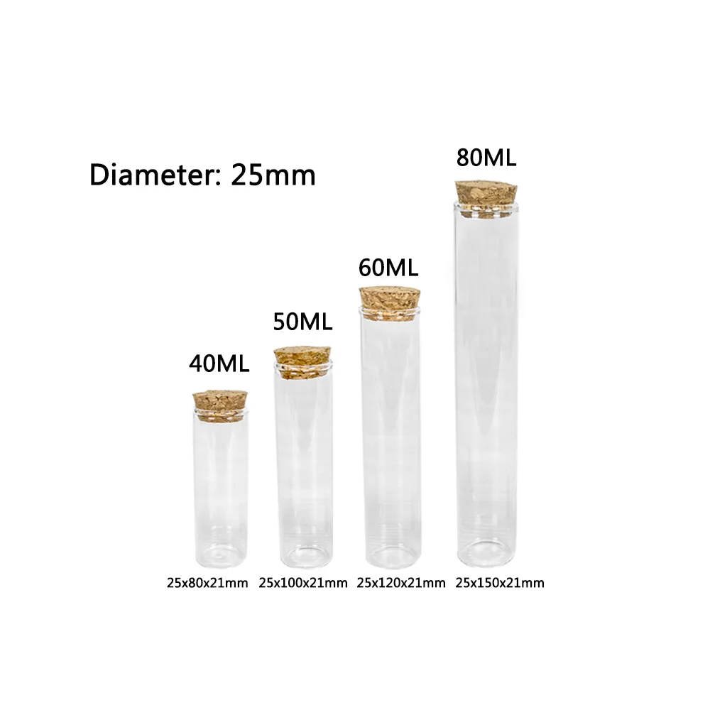 Petit Tube à essai en verre avec bouchon en liège  bocaux de 40ml/50ml/60ml/80ml  12 pièces