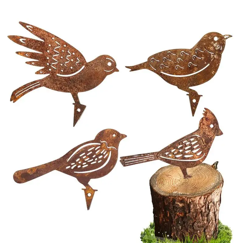 

4pcs Rusty Metal Bird Silhouettes Garden Fence Decoration Gardening Inserts Signs Full Color For Fields, Gardens, Parks, Hotels