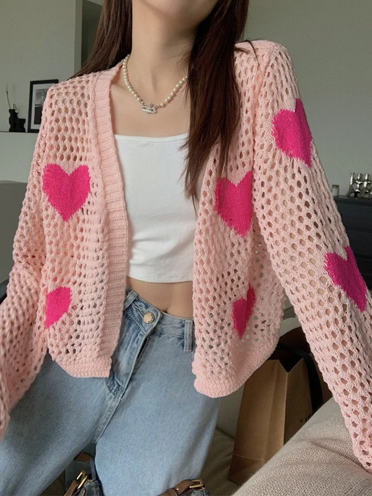 

Pink Cardigan Women Sweet Knitted Hollow Out Sweaters Lady Love Heart Printed Short Jumper Female Cute Long Sleeve Cardigan Tops
