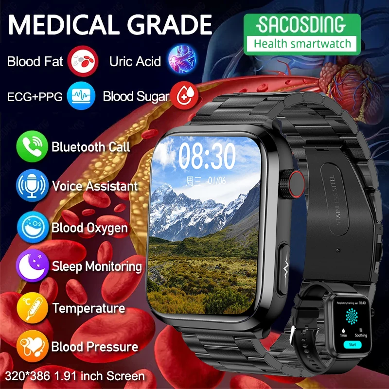 

Noninvasive Blood Sugar Smart Watch Health Blood Lipid Uric Acid Monitor ECG+PPG Sport Watch Smart Bluetooth Call Smartwatch Men