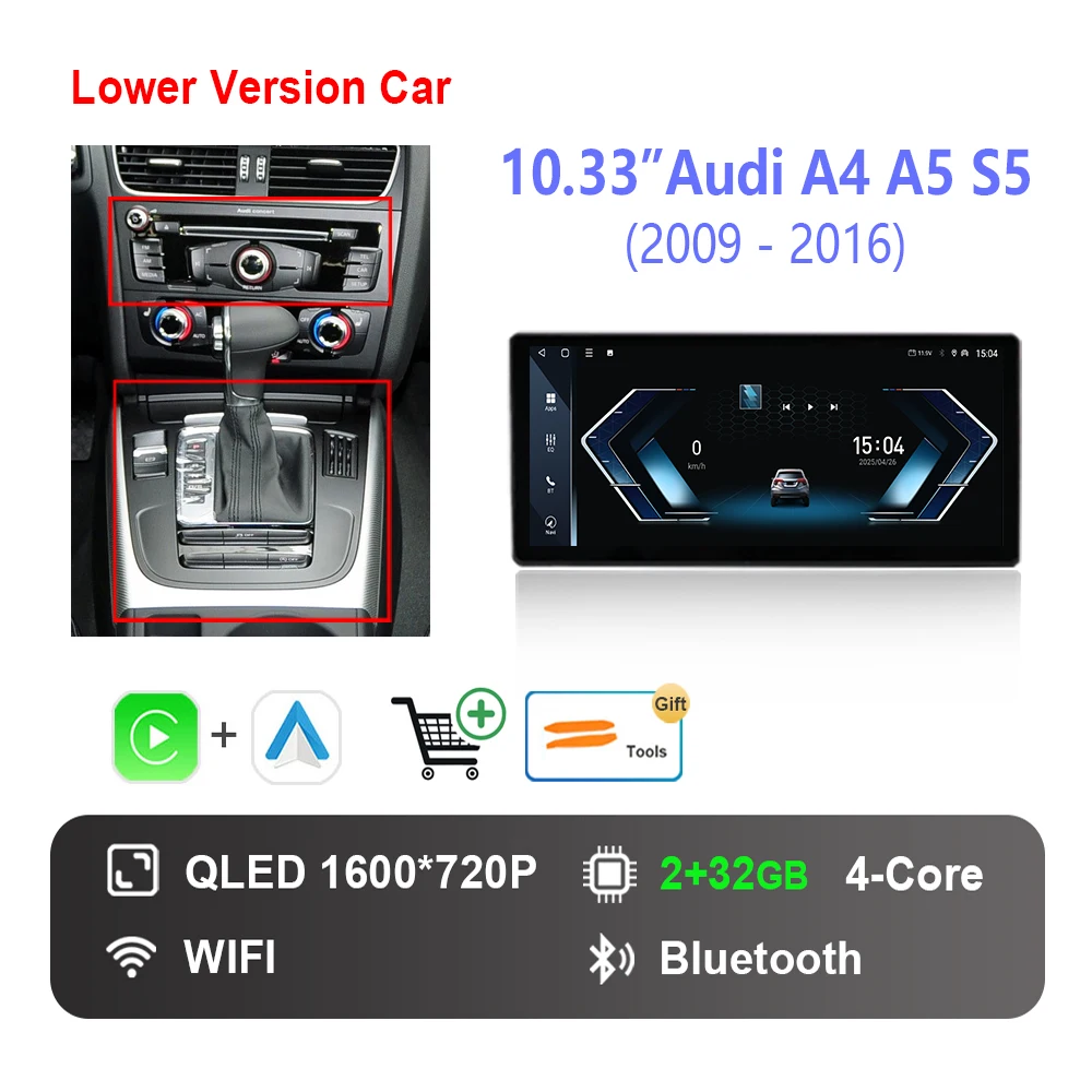 

Экран QLED для Audi A4 A5 S5 2009-2016 Беспроводной Carplay HD Сенсорный экран Android 14 Автомобильный мультимедийный радиоплеер Видеоплеер