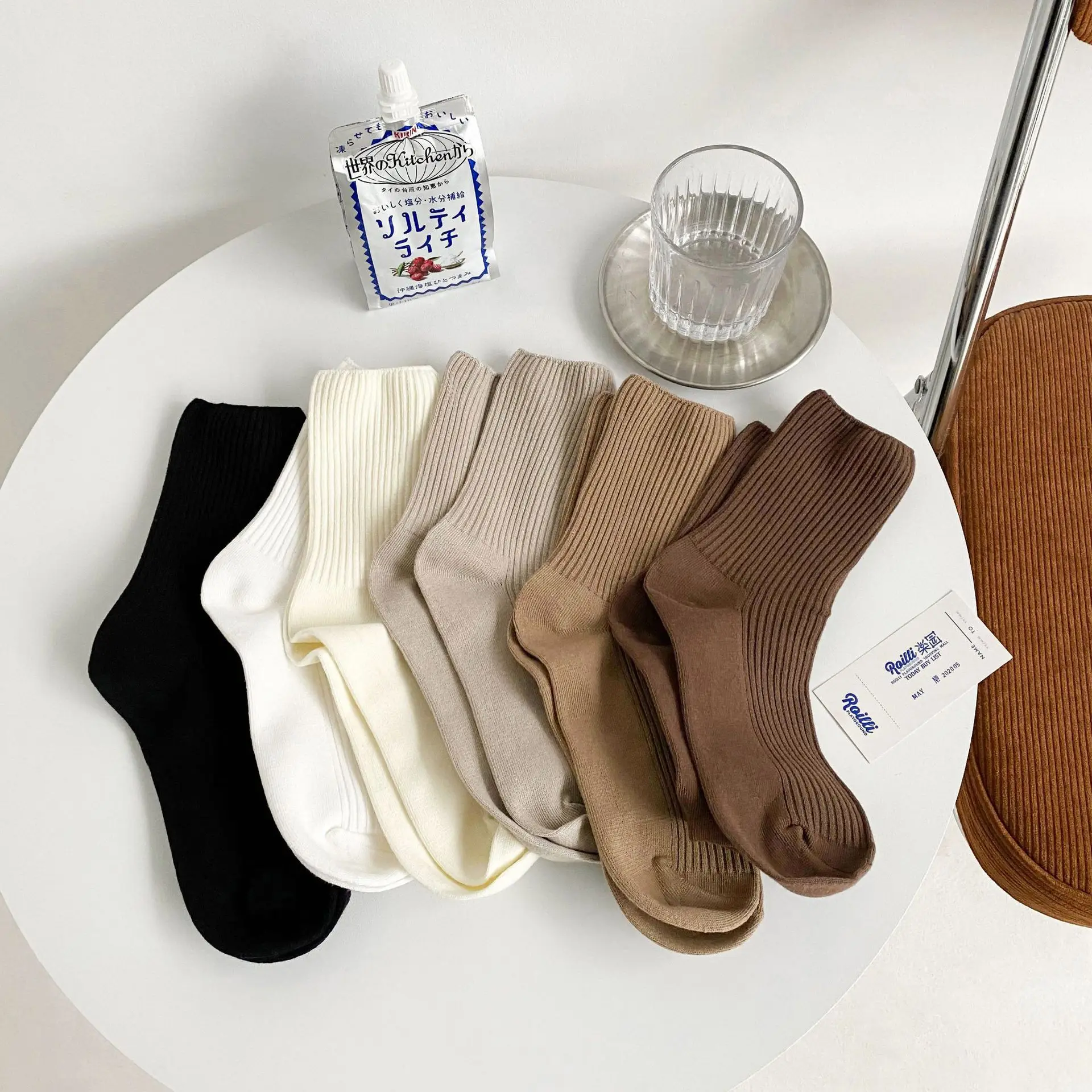 

High-Quality Autumn/Winter New Solid Color Double-Needle Striped Mid-Calf Socks | Black and White Women's Socks