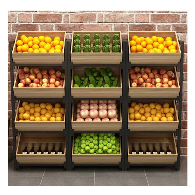 High quality supermarket wood fruit vegetable shelf display rack stand for supermarket grocery store