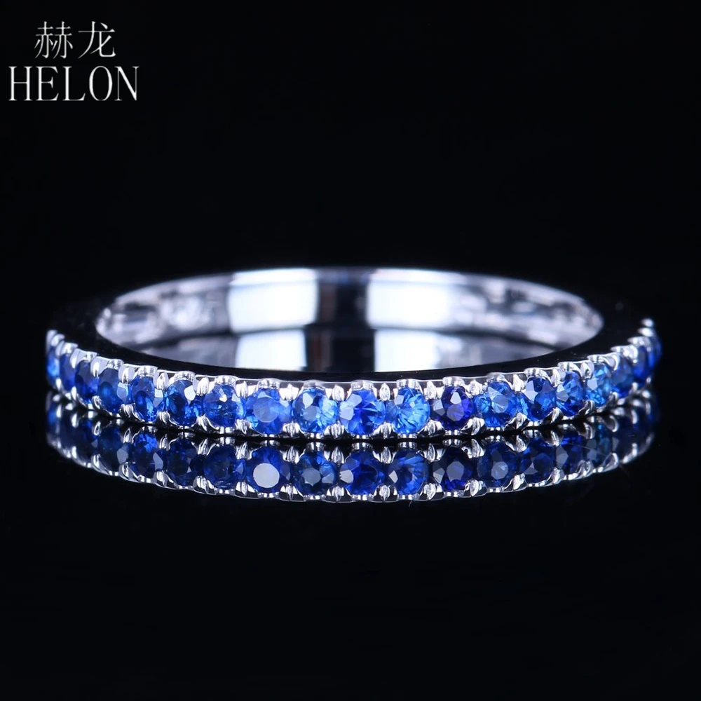

HELON Solid 14k 10k White Gold 0.4ct Genuine Sapphires Engagement Wedding Ring Women Sapphire Gemstone Half Eternity Band Ring