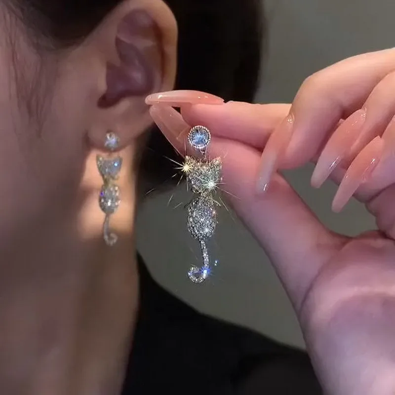 

luxury Zircon Long Tassel Cat Earrings For Women Full Rhinestone Cute Kitten Fashion Drop Earrings Jewelry Wedding Birthday Gift