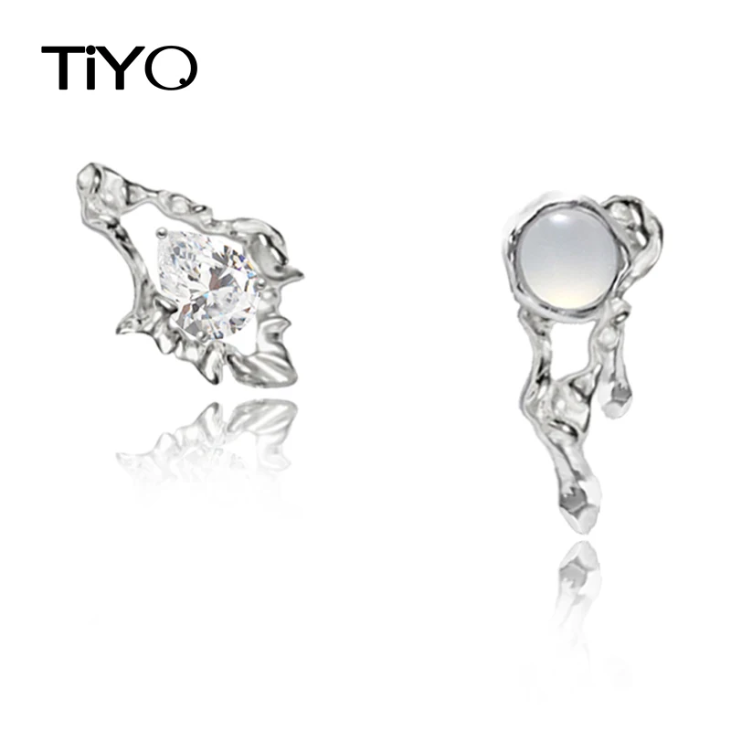 

TIYO Original Jewelry Geometric Zircon Earrings Cool High Quality Brass Thick Silver Plated Asymmetrical Stud Earring For Women