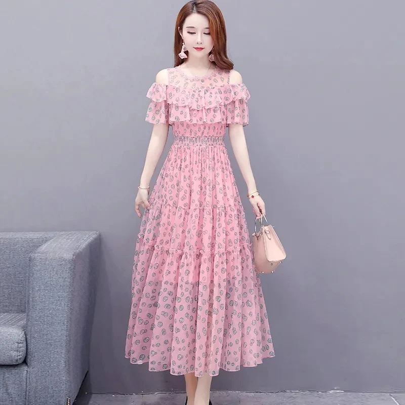 

Sigutan Summer New Women Boho Mesh Floral Dresses Korean Off Shoulder Printted Dress Elegant Female Vestidos Beach Party Robes
