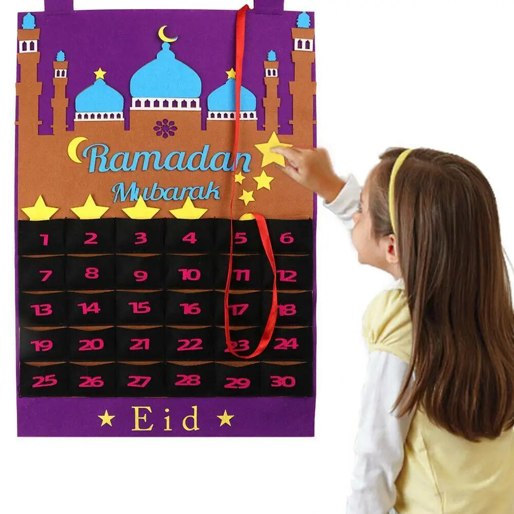 

Eid Mubarak DIY фетровый календарь Рамадана с карманом для детей подарки календарь обратного отсчета мусульманский праздничный Декор принадлежн...