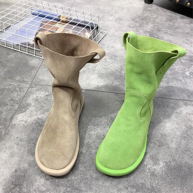 Retro Fashion Nubuck Leather Casual Flat Ladies Single Boots Spring and Autumn Set Feet Solid Color Long Tube Motorcycle Boots