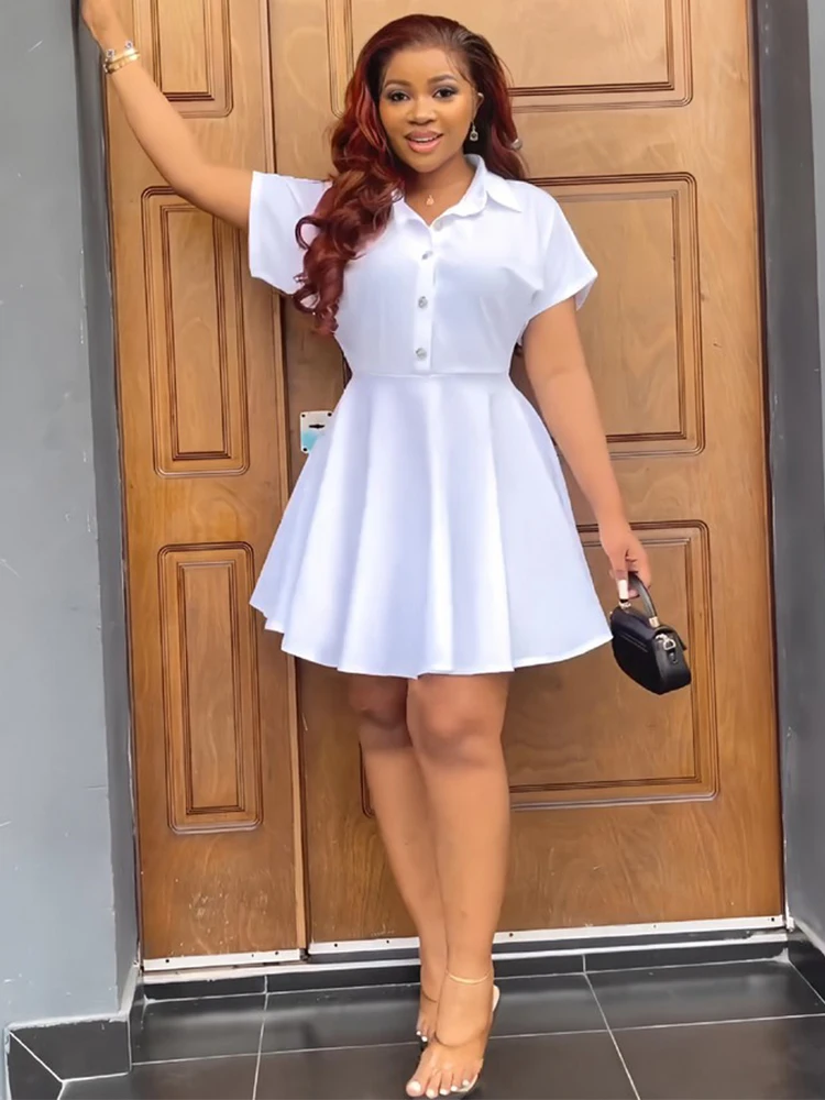 

Preppy Style Women's Pleated Party Club Dress Polo Collar Short Sleeve A-line Dresses Vintage Button Down High Waist Robe Femme