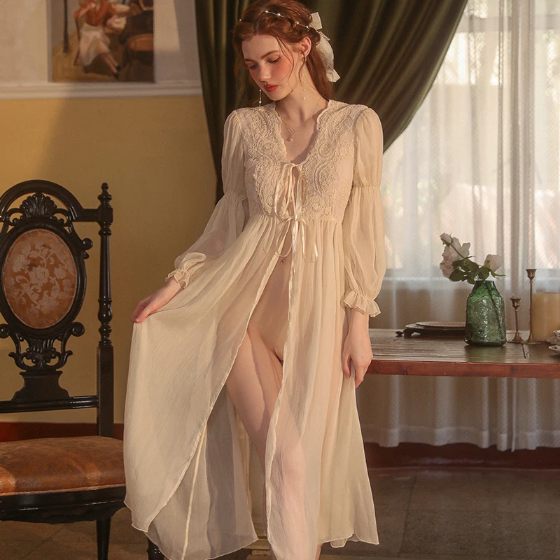 

Ночная рубашка женская кружевная, пикантная Дамская сорочка в дворцовом стиле, платье принцессы, нижнее белье для дома, прозрачная однотонная одежда для сна
