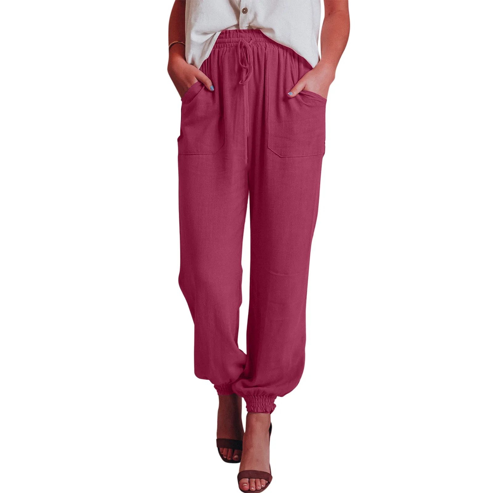 

Lace-Up Pants Stitching Trousers Solid Color Pocket Ladies Casual Pants cargo pants trouser