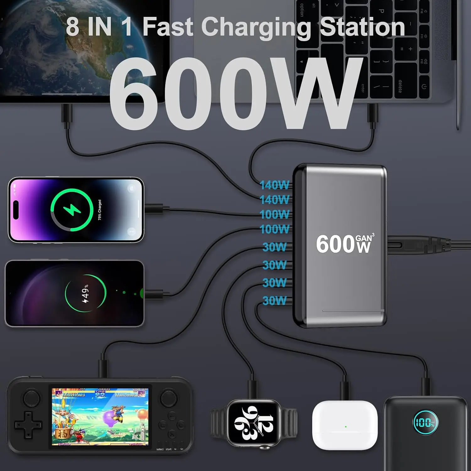 Фото Зарядная станция GaN 600 Вт с несколькими портами USB-C, быстрое зарядное устройство 140 Вт PD PPS с одним портом для MacBook, iPhone, Pixel, ноутбуков и Android №5