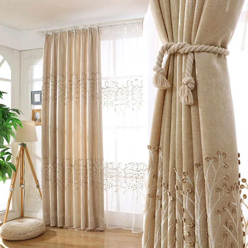 

American Style Luxury Chenille High Shading Curtains Tree Leaf Embossed Embroidery Blinds Drapes For Living Room Bedroom Custom