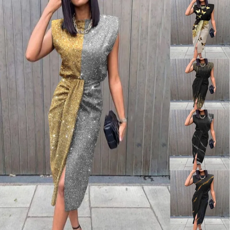 

Женское вечернее платье без рукавов, облегающее платье средней длины с круглым вырезом и принтом бабочек в стиле пэчворк, лето 2022