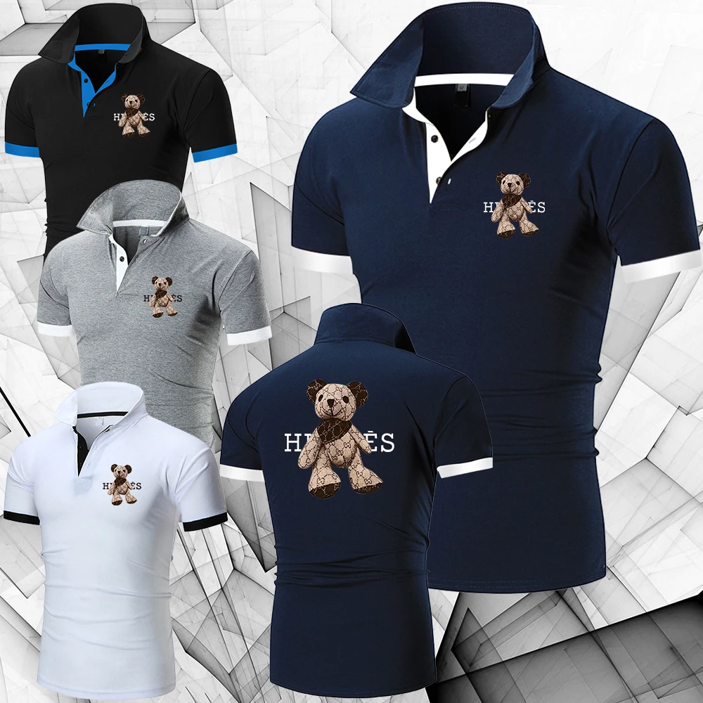 

European Business Men's Lapel Polo Shirt Vintage Sports Cloth Short Sleeves Running Polos Shirt For Men Contrast Color Golf Wear