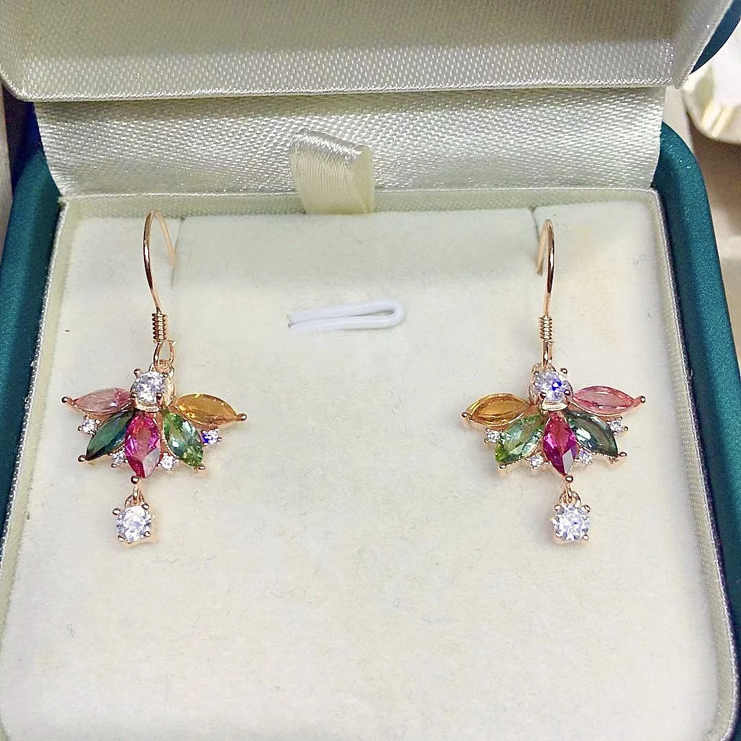 Разноцветные турмалиновые серьги-подвески для свадьбы 3 мм * 6 всего 925 карата