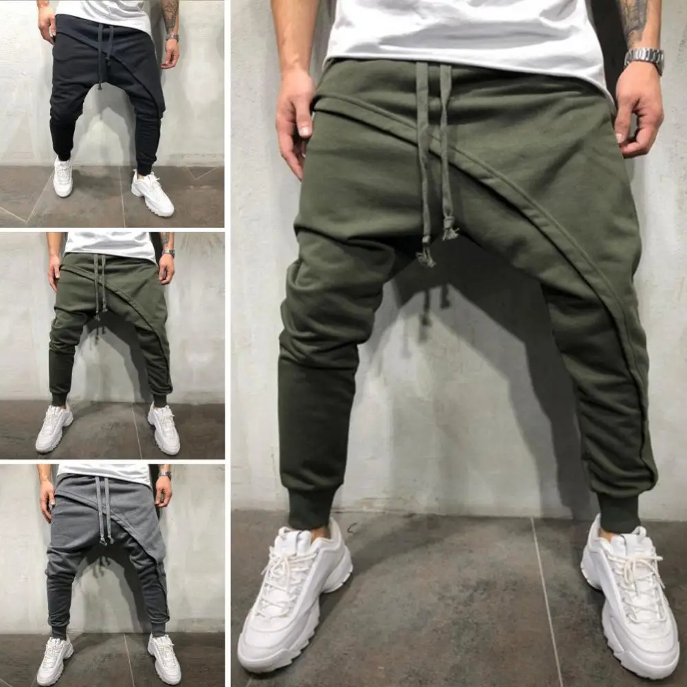 

Long Men Fashion Solid Color Drawstring Pants Harem Asymmetric Double Layer Running Jogger Baggy 2021 For Men's Clothings