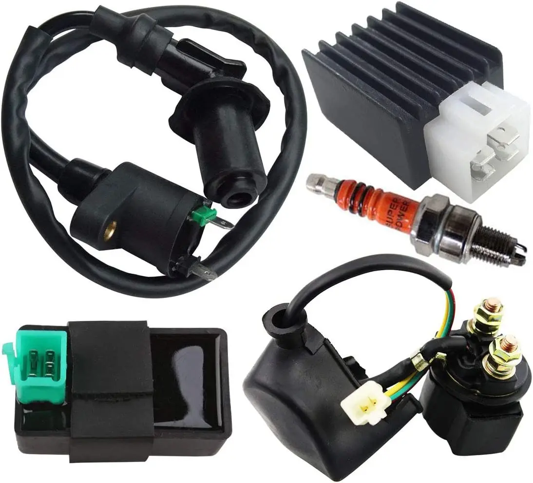 

Ignition Coil Solenoid Relay Voltage Regulator 5-PIN CDI Box Spark Plug For 50cc 70cc 90cc 110cc 125cc ATV Go Kart Dirt Bike