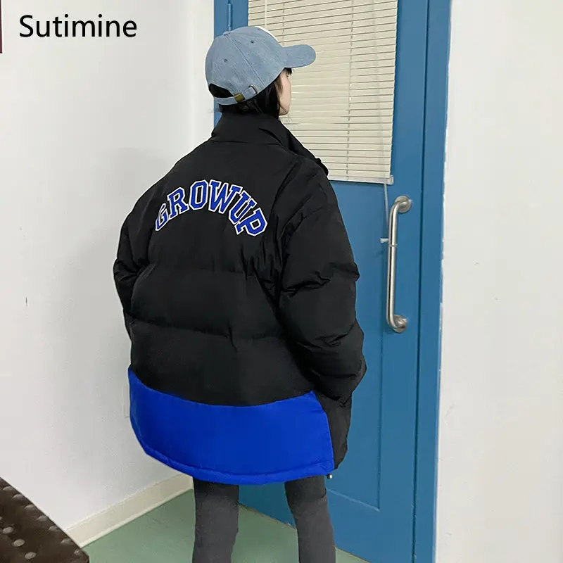 Winter Clothes Women Office Lady Pockets Color Blocked Down Cotton Coat College Style Loose Casual Coat Patch Designs Coat Women