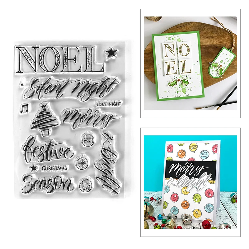 Фото Новые прозрачные штампы с рождественскими надписями NOEL, Merry Christmas, Silent Night для планировщиков, для изготовления открыток, DIY-поделок, скрапбукинга, фотоальбомов №1